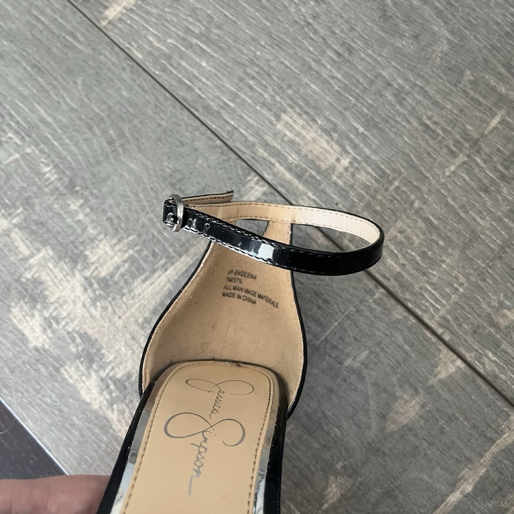 Jessica Simpson Chic Black Patent Strappy Heels Minimal Ankle Strap Stiletto 7M - Picture 7 of 15